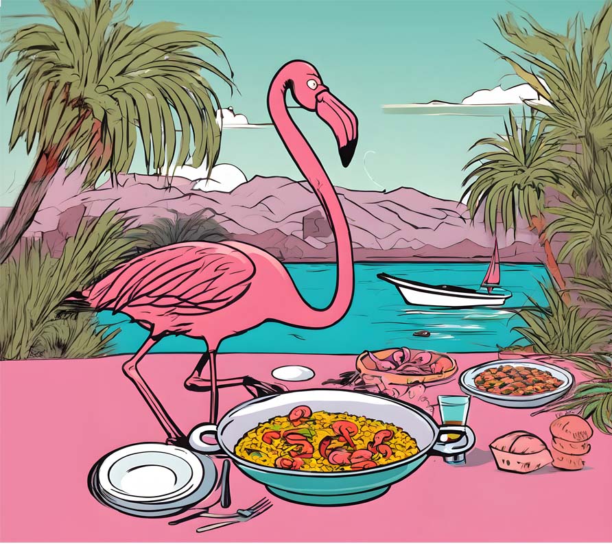 A vintage-style poster of flamingos and paella in Valencia, Spain