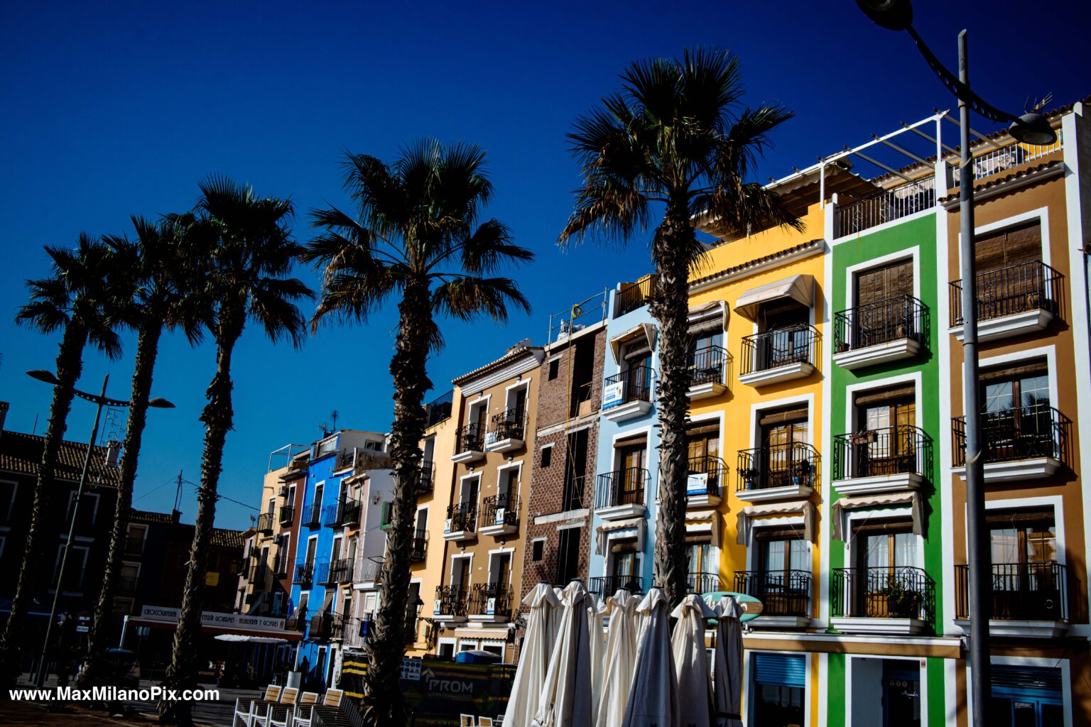Palm trees in front of the brightly painted houses of Villajoyosa, Costa Blanca, Spain
