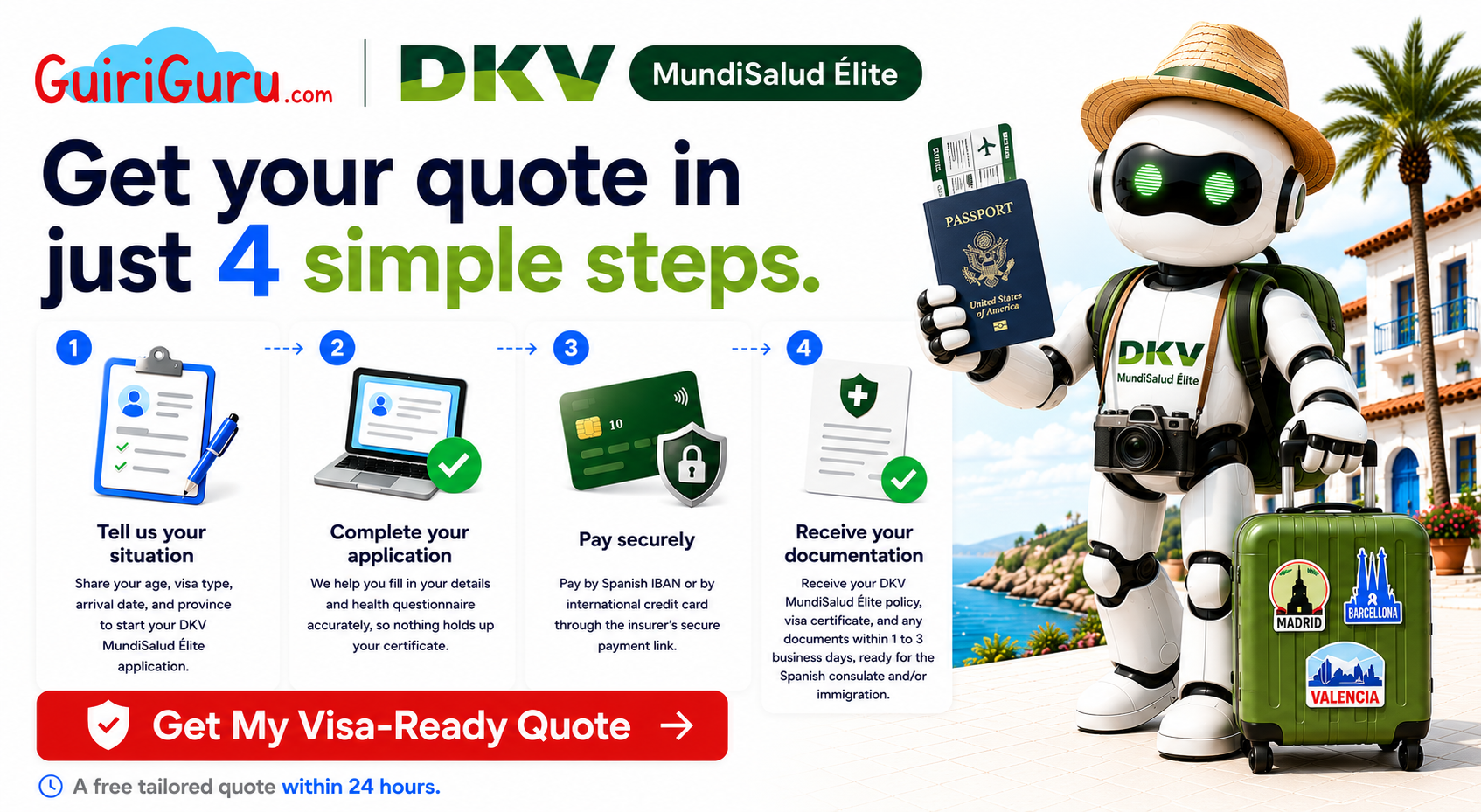 DKV MundiSalud Élite in 4 easy steps. Get your visa-ready quote from GuiriGuru.