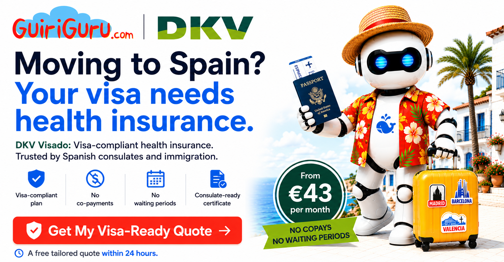 DKV Visado visa-compliant health insurance for Spain. Get your visa-ready quote from GuiriGuru.