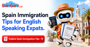 GuiriGuru robot holding a US passport and immigration documents promoting Spain immigration tips for English-speaking expats