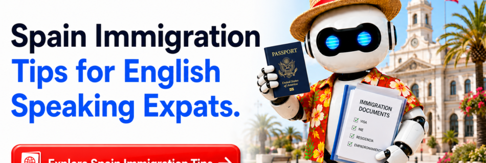 GuiriGuru robot holding a US passport and immigration documents promoting Spain immigration tips for English-speaking expats