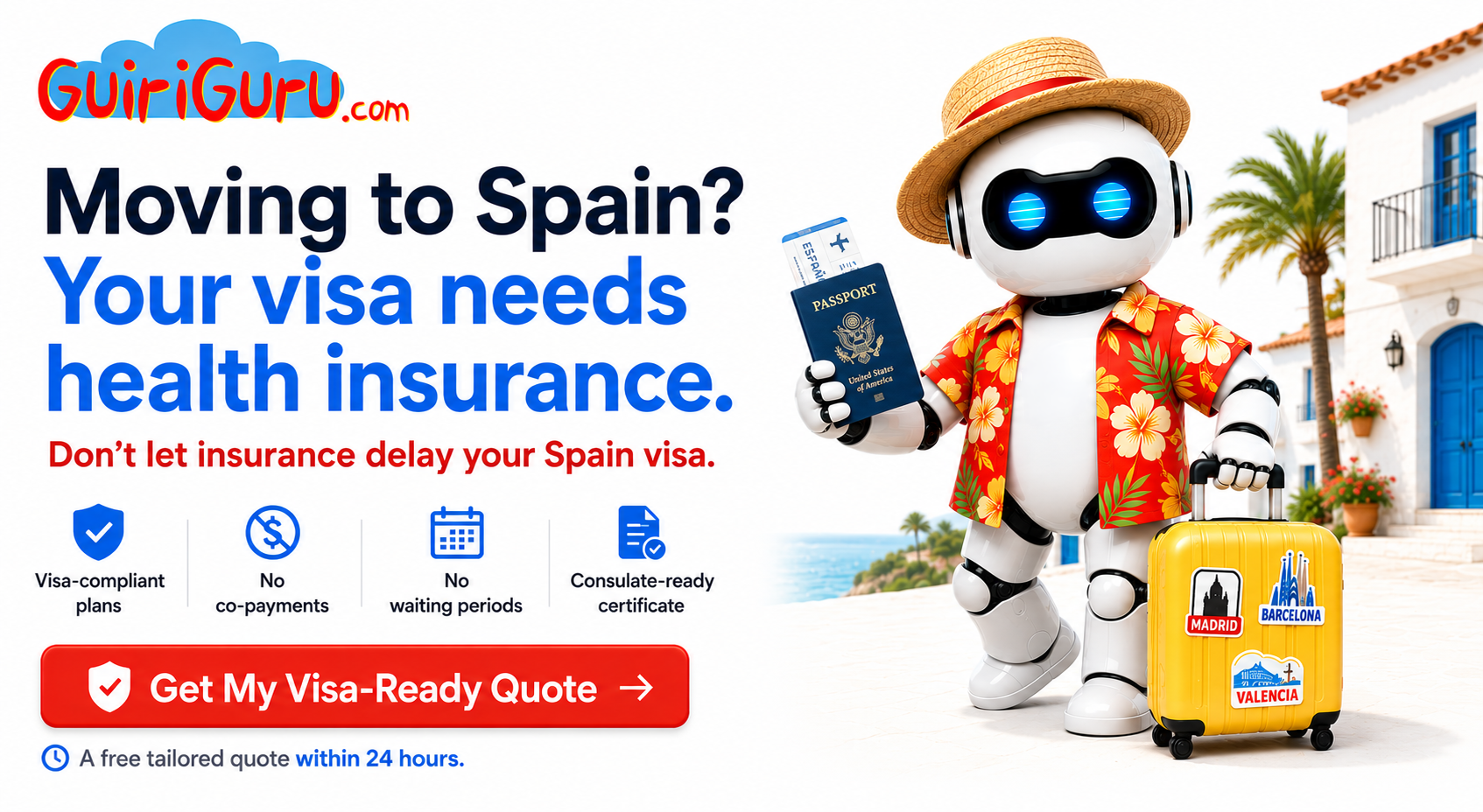 Moving to Spain? Your visa needs health insurance. Get your visa-ready quote from GuiriGuru.