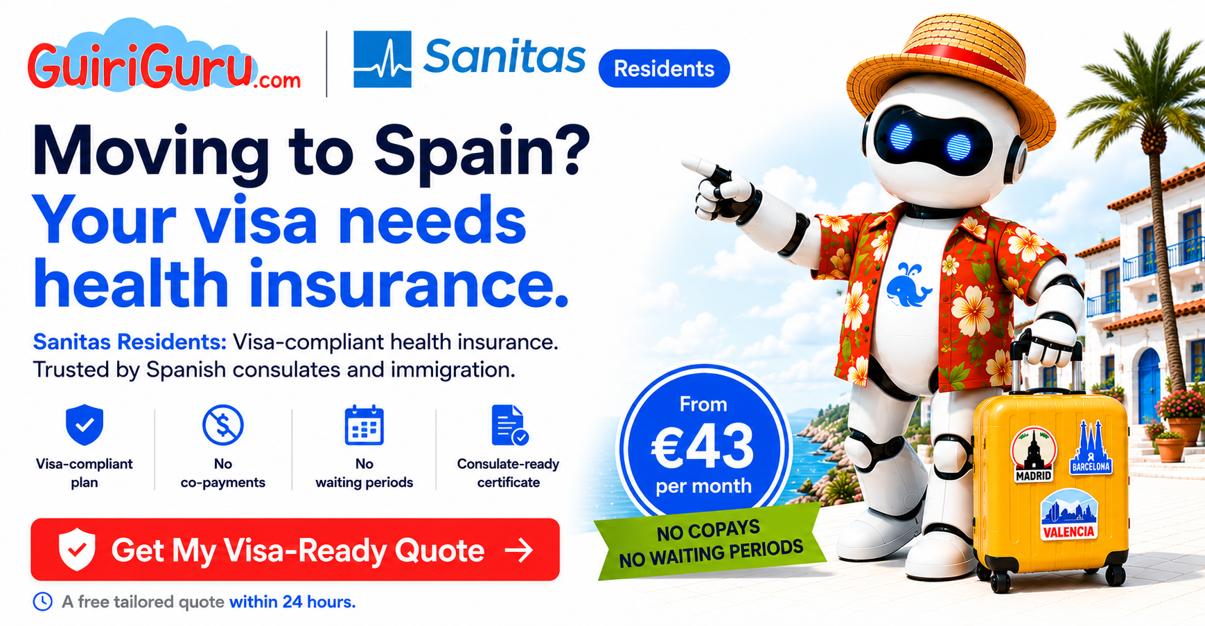 Sanitas Residents visa-compliant health insurance for expats in Spain. Get your visa-ready quote from GuiriGuru.