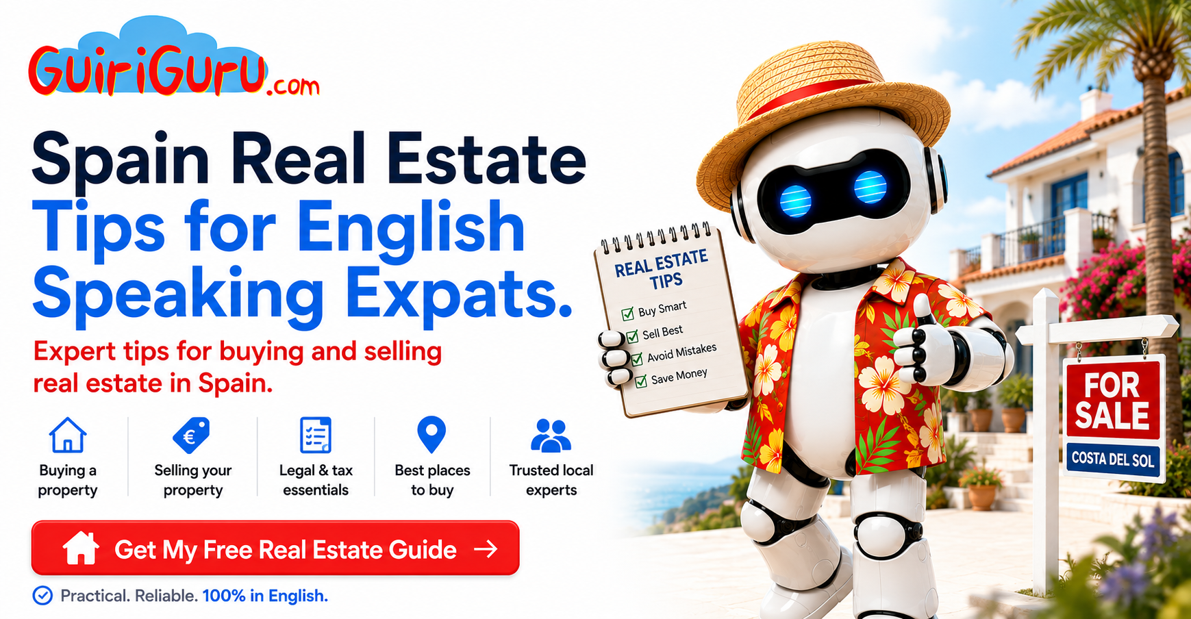 Spain Real Estate Tips for English speaking expats - GuiriGuru robot with a For Sale sign on the Costa del Sol