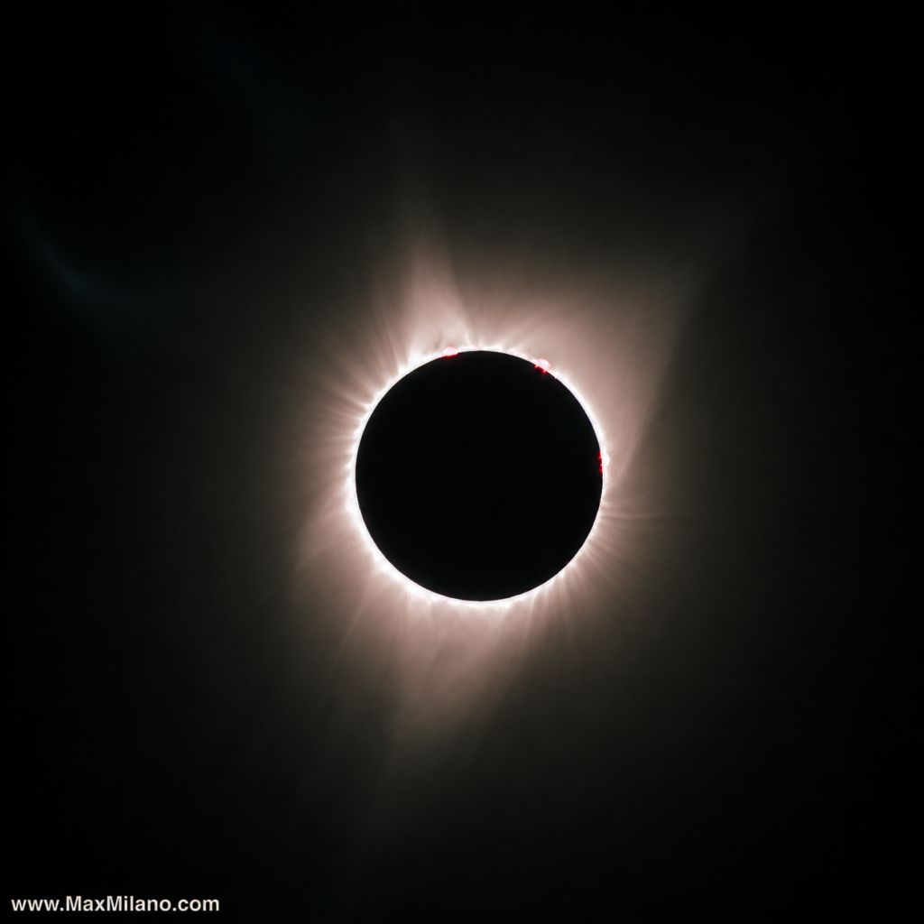 
Total Eclipse, Oregon 2017. Solar flares and corona visible at totality. Each solar flare is larger than the Earth. Pic by Max Milano