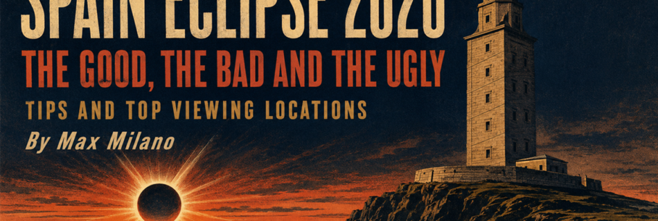 1930s-style Spain Eclipse 2026 poster showing totality low over the Atlantic beside the Tower of Hercules in Galicia.