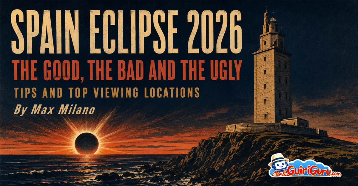 1930s-style Spain Eclipse 2026 poster showing totality low over the Atlantic beside the Tower of Hercules in Galicia.