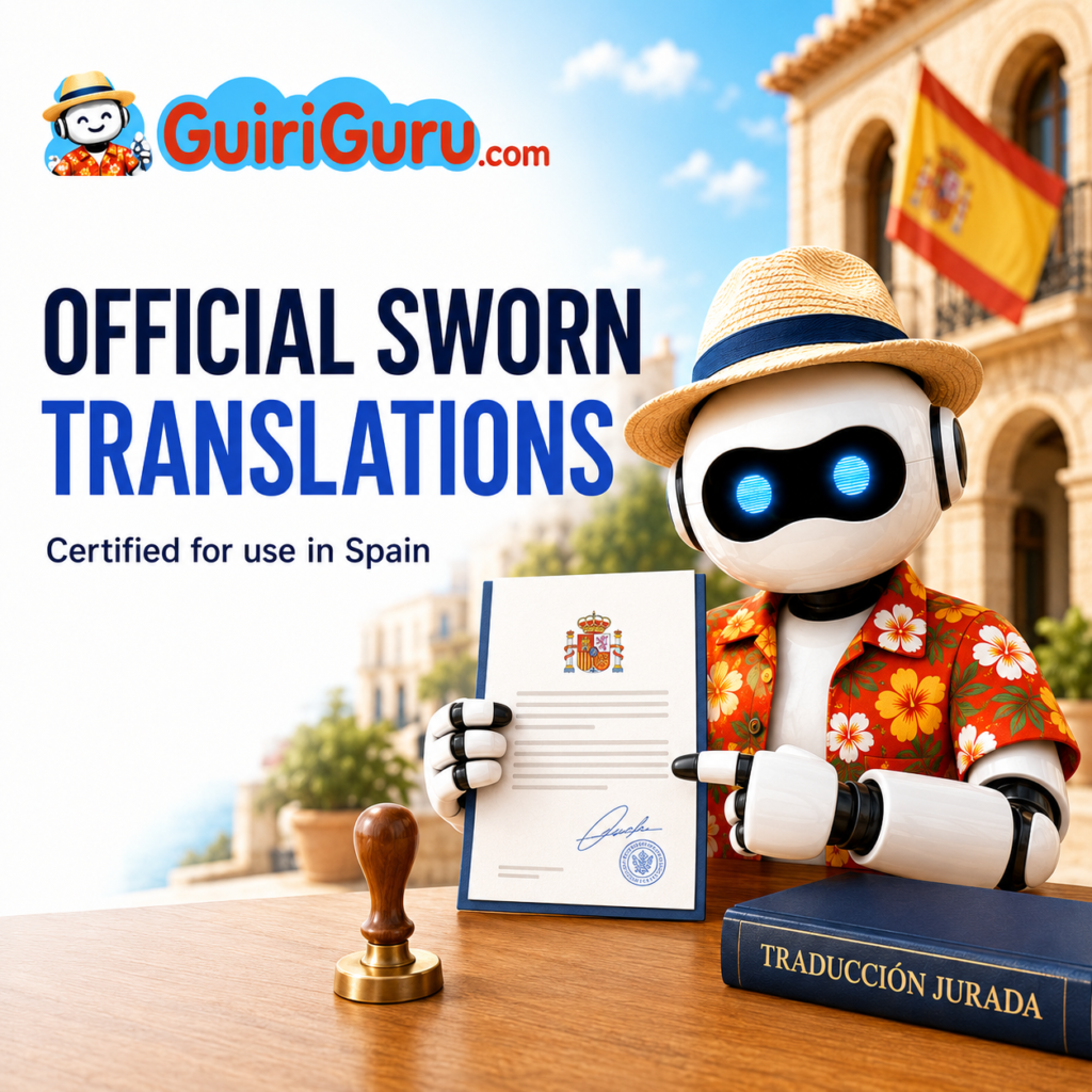 GuiriGuru robot presenting a certified Spanish sworn translation beside an official stamp