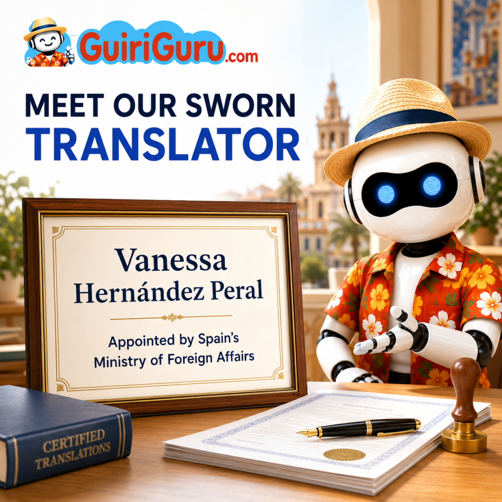 GuiriGuru introduction to sworn translator Vanessa Hernández Peral with certified documents and an official stamp
