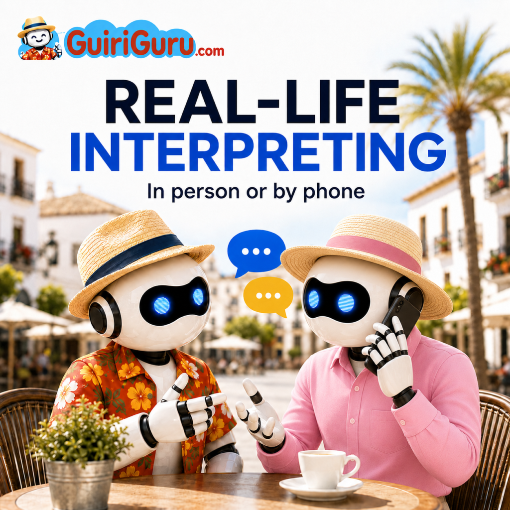 GuiriGuru robot helping a female expat communicate by phone in a Spanish plaza